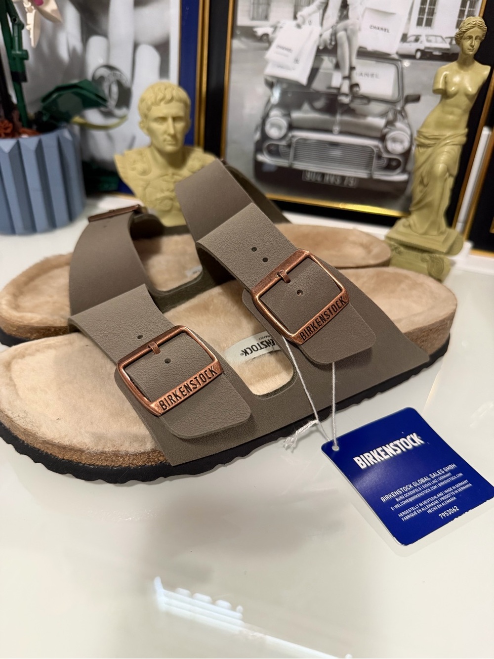 Birkenstock Women’s Taupe Two-Strap Sandals with Rose Gold Buckles - Shearling! - Picture 1 of 9